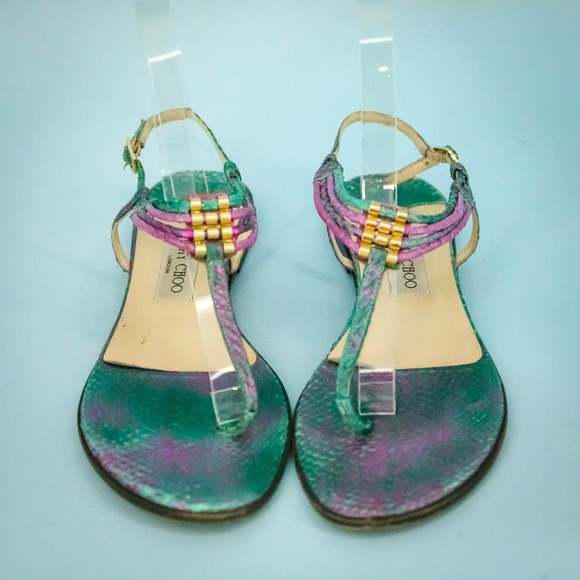 Jimmy Choo 39 Size 9 Green Purple Neon Fish Fife Leather T Strap Thong Sandals - Picture 2 of 8